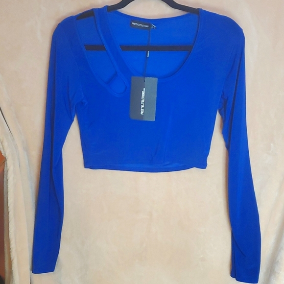 Prettylittlething Bright Blue Slinky Cut Out Long Sleeve Crop Top - Picture 3 of 6